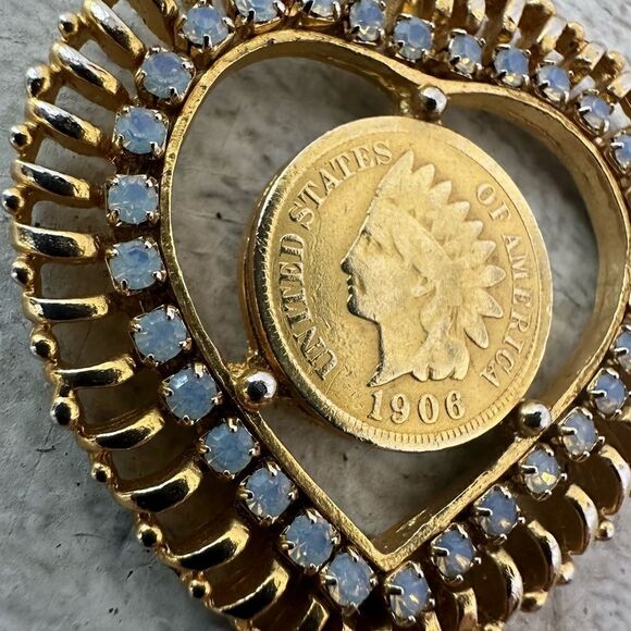 Vintage Indian Head Coin With Heart Rhinestone Setting - Picture 6 of 7